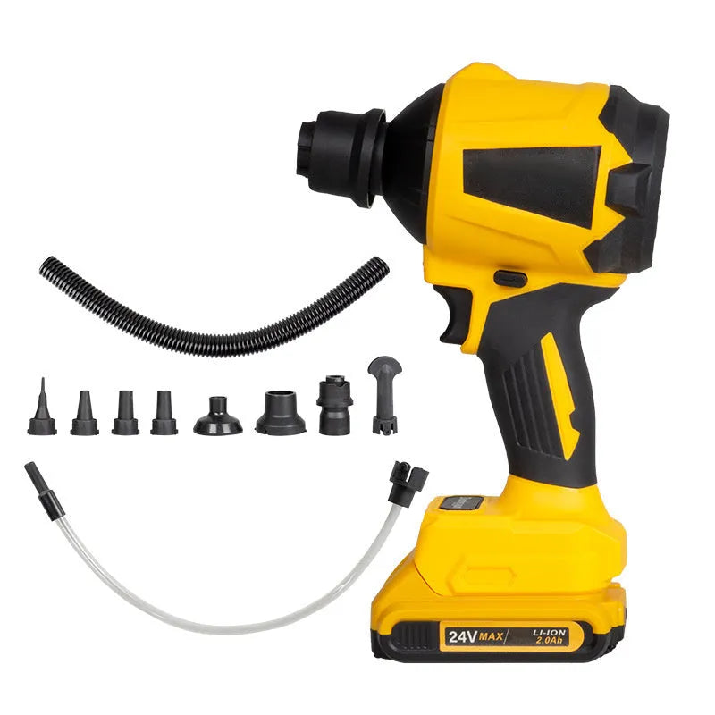 Yellow handheld cordless dust blower and inflator gun with nozzle, powered by an 18V lithium-ion battery.