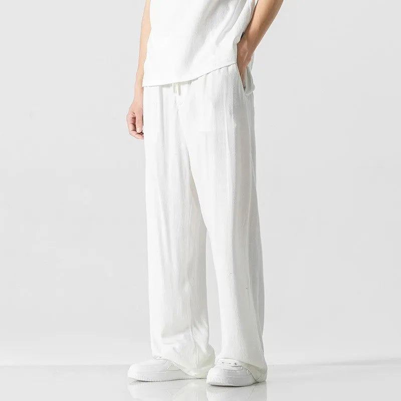 Men's beige bamboo fibre straight leg trousers with cropped length and drawstring waistband