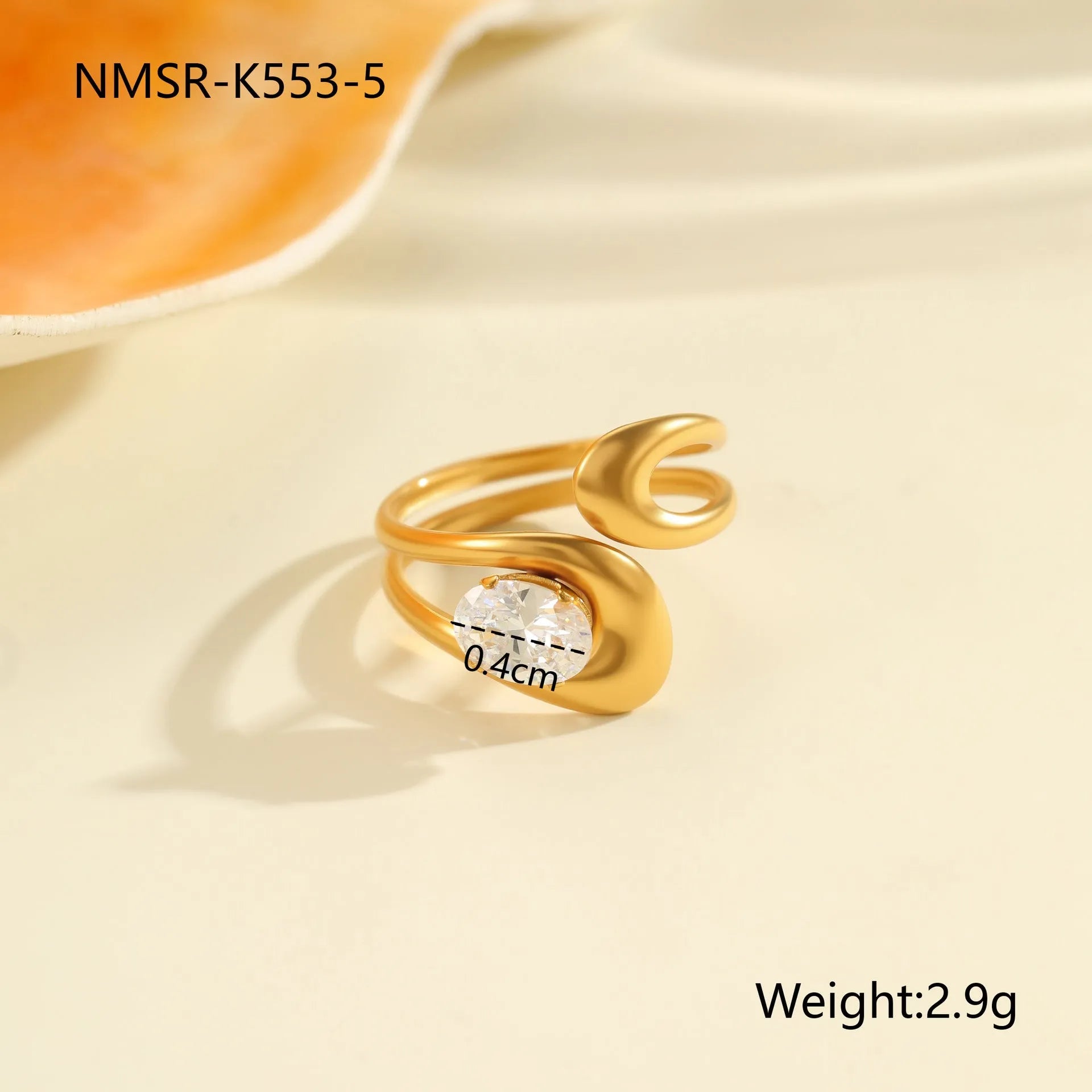 Geometric stainless steel women's ring with adjustable open mouth design and zircon details