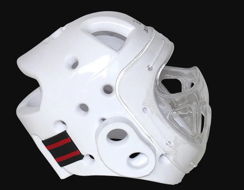 Karate boxing head protection helmet shown in white, blue, and red colour options.