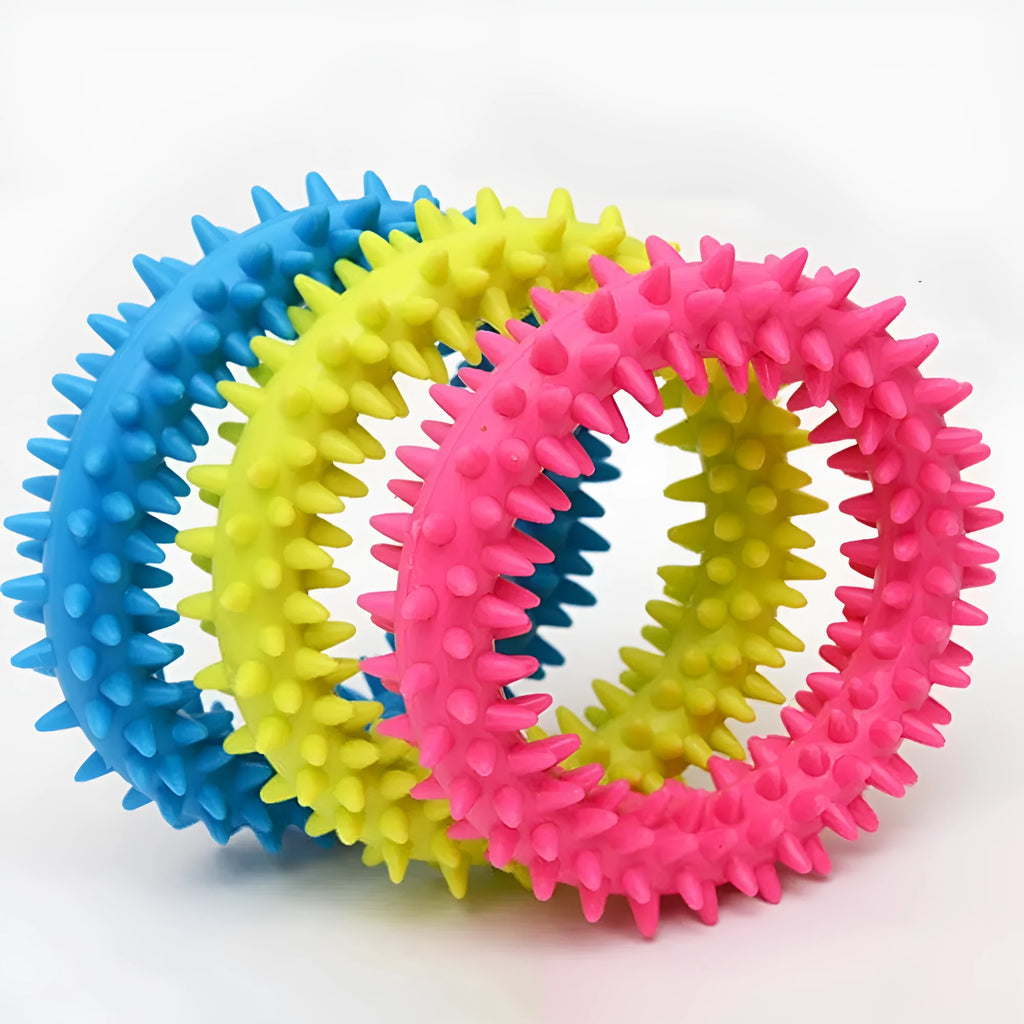 Blue TPR spiky circle ring dog chew toy for dental cleaning and bite training.