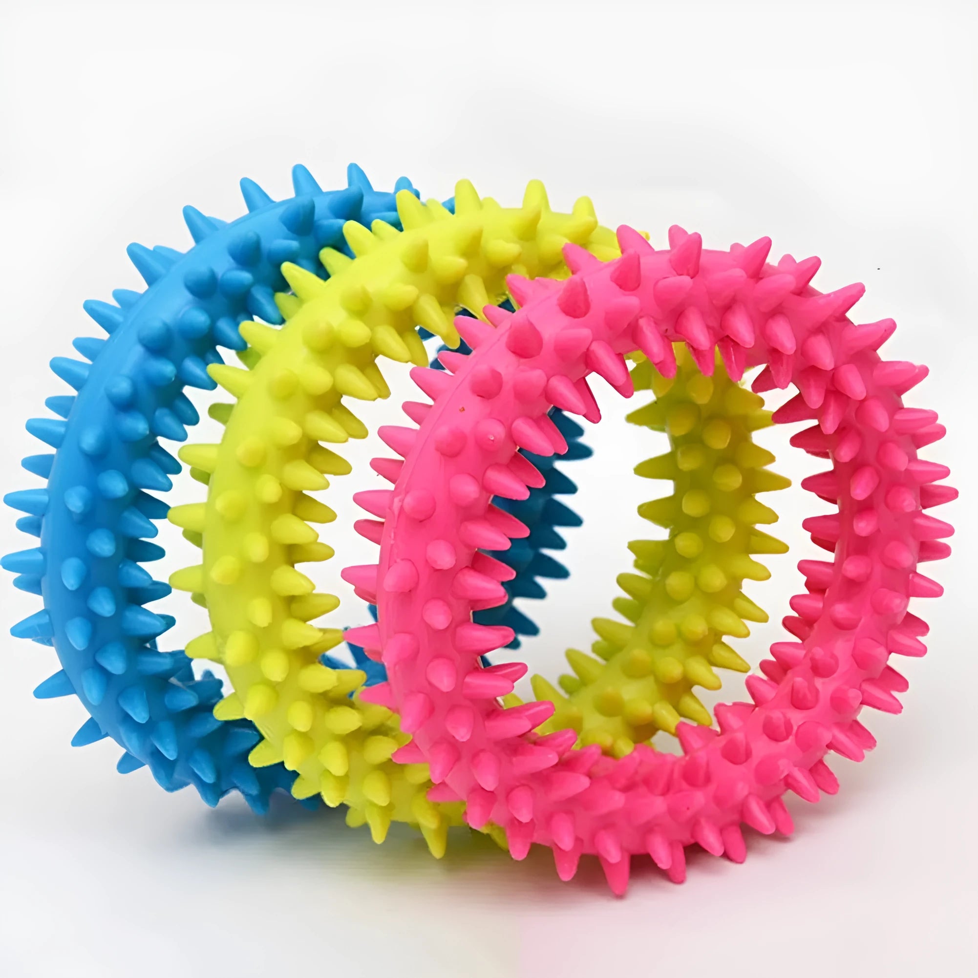 Blue TPR spiky circle ring dog chew toy for dental cleaning and bite training.