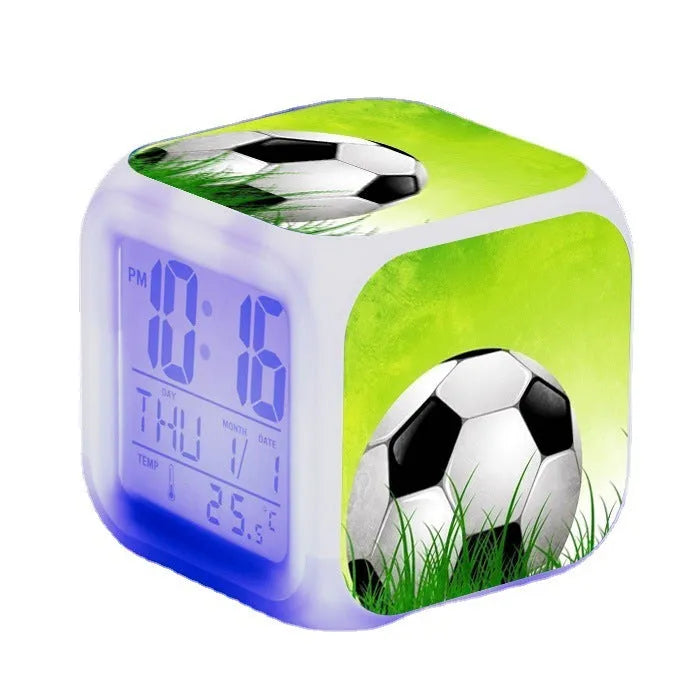 Colourful cartoon football pattern square alarm clock with mute function and USB cable