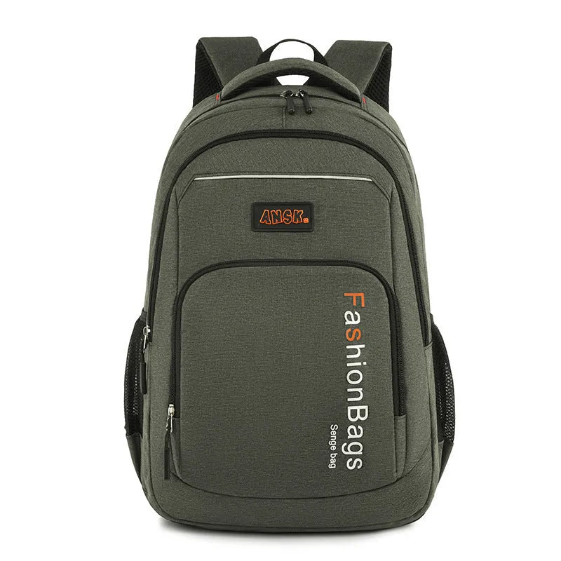 Large black nylon backpack showing multiple compartments and breathable shoulder straps
