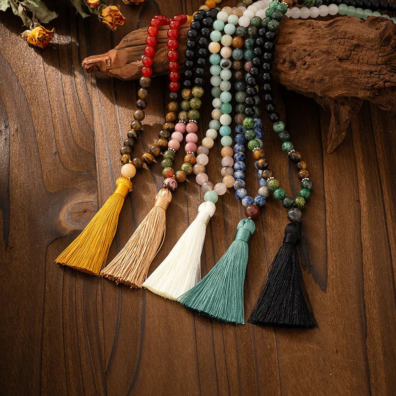 Vintage tassel bohemian style long necklace with geometric stone beads and matching bracelet