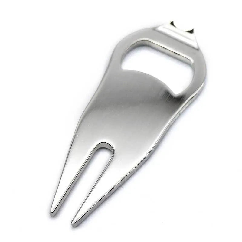 Zinc alloy golf ball yoke bottle opener tool showing black, green and silver colour options with coin