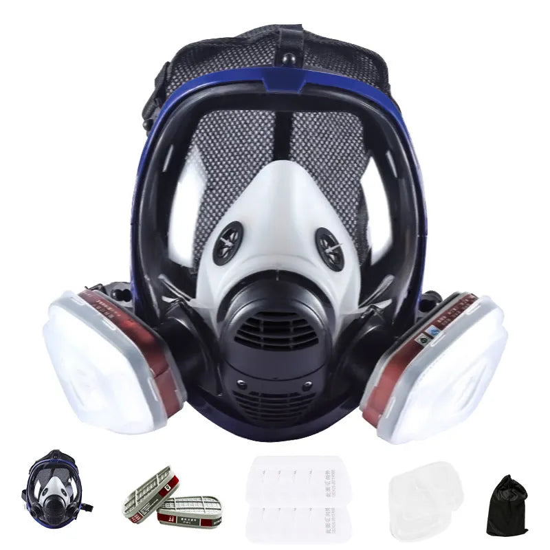 Blue edge spherical full-face gas mask with trapezoidal canister and activated carbon filtration system