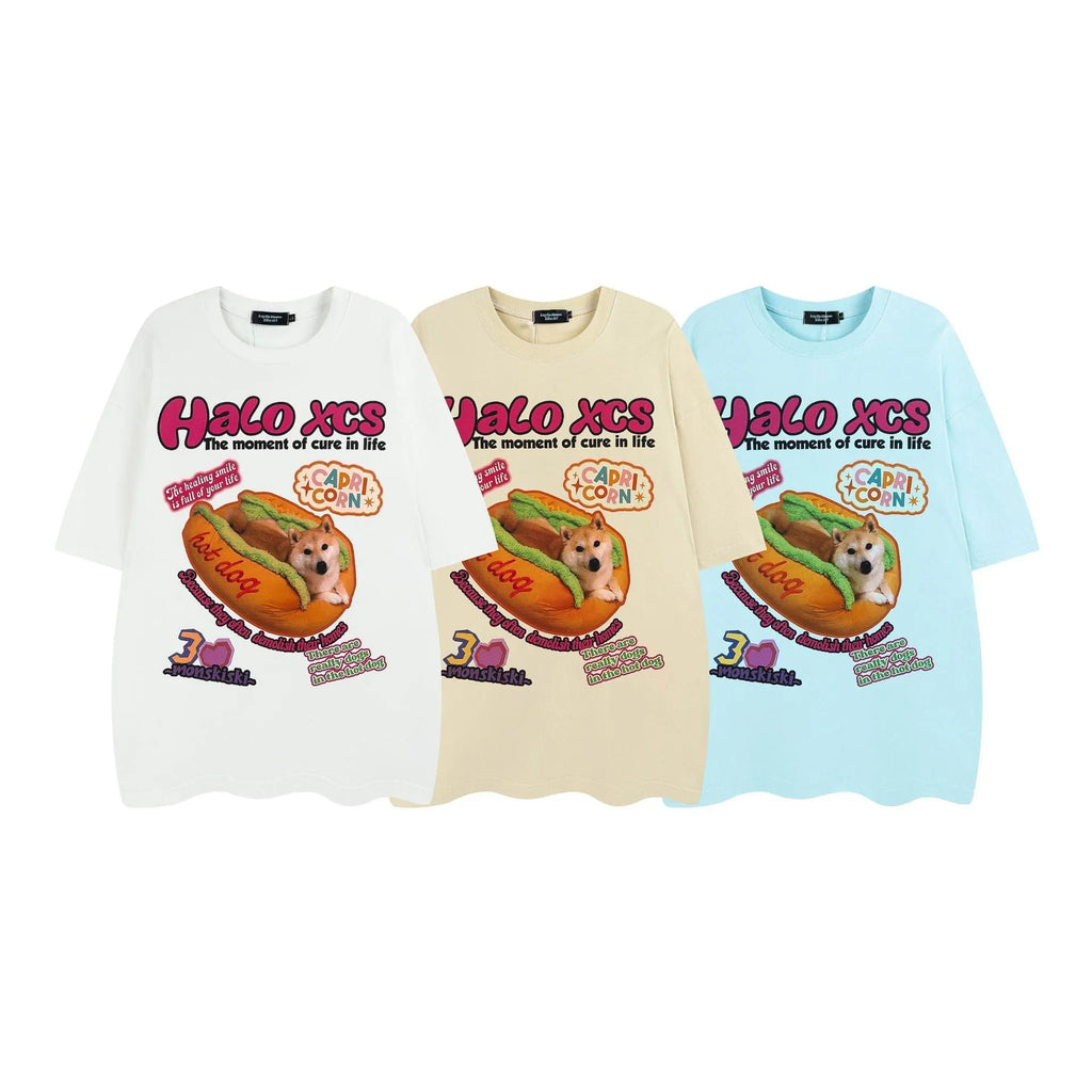 Cartoon hamburger dog printed short-sleeved T-shirt in 100% cotton