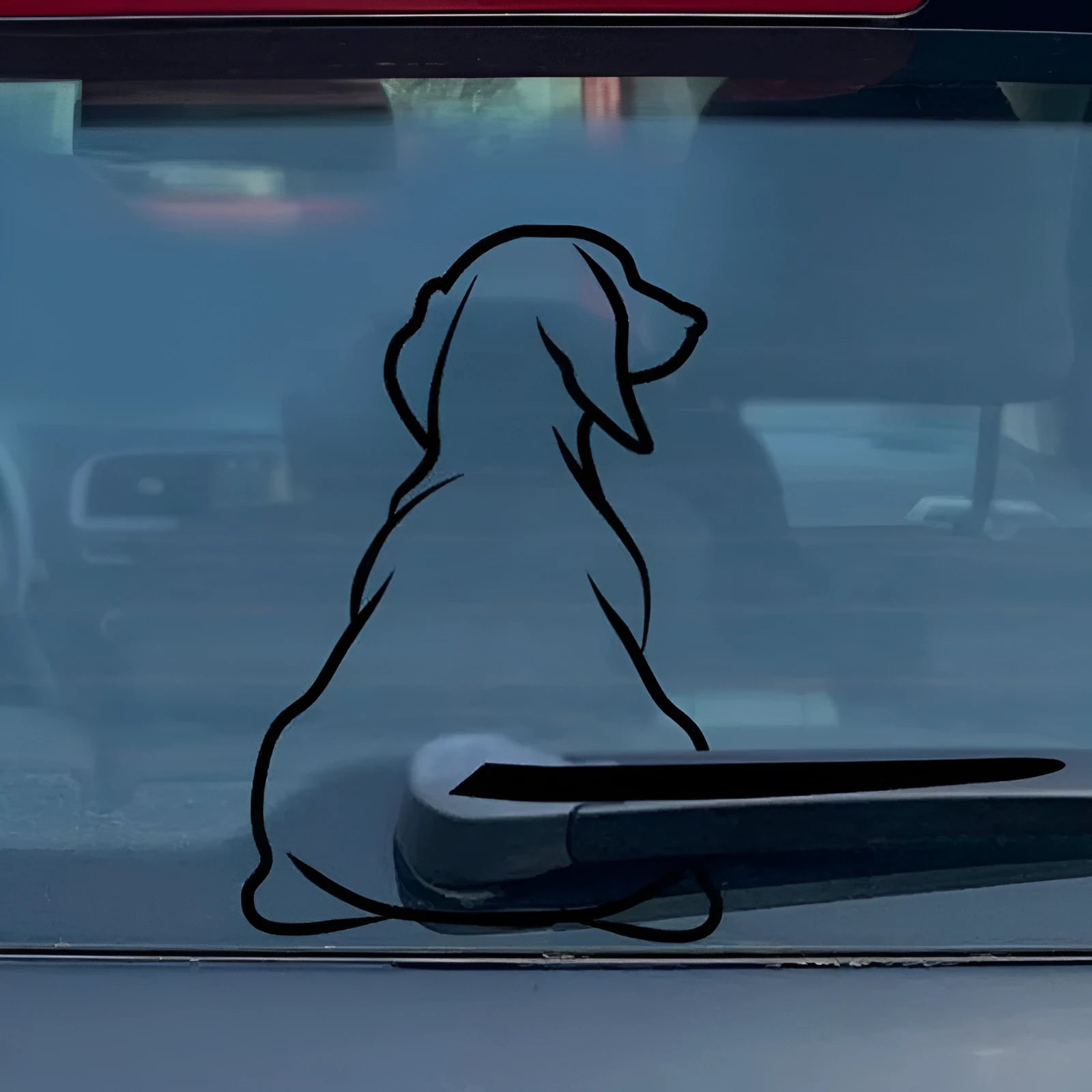Cartoon dog car window decal with wiper tail attachment in black and white colour options