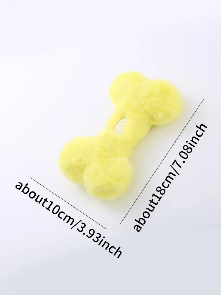 Blue plush bone-shaped dog toy with a squeaker for interactive bite-resistant play