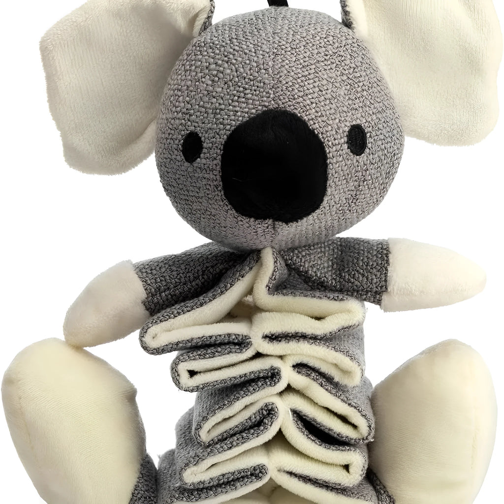 Grey koala plush dog toy measuring 30cm long with crinkle paper inside for squeaky sounds.