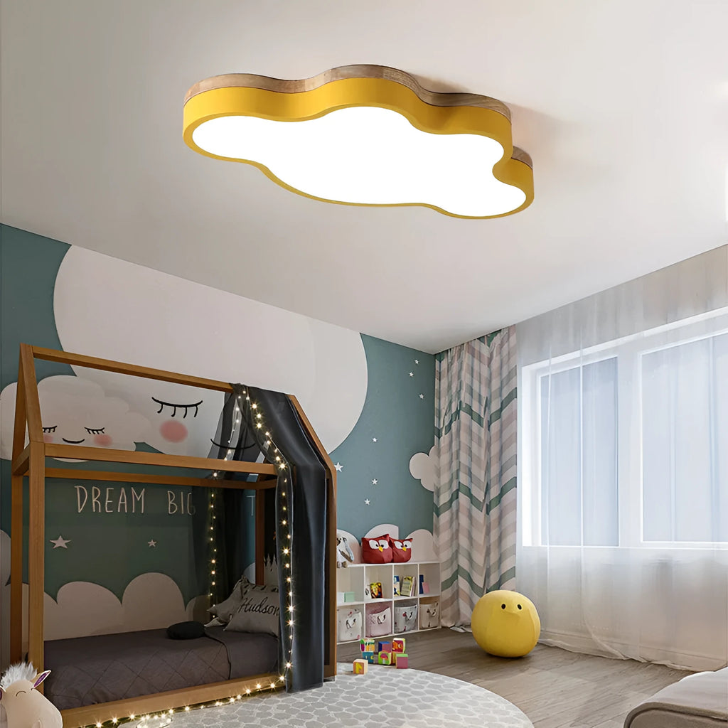 Modern cloud-shaped ceiling lamp with wood-effect finish in choice of colours, mounted on a white ceiling.