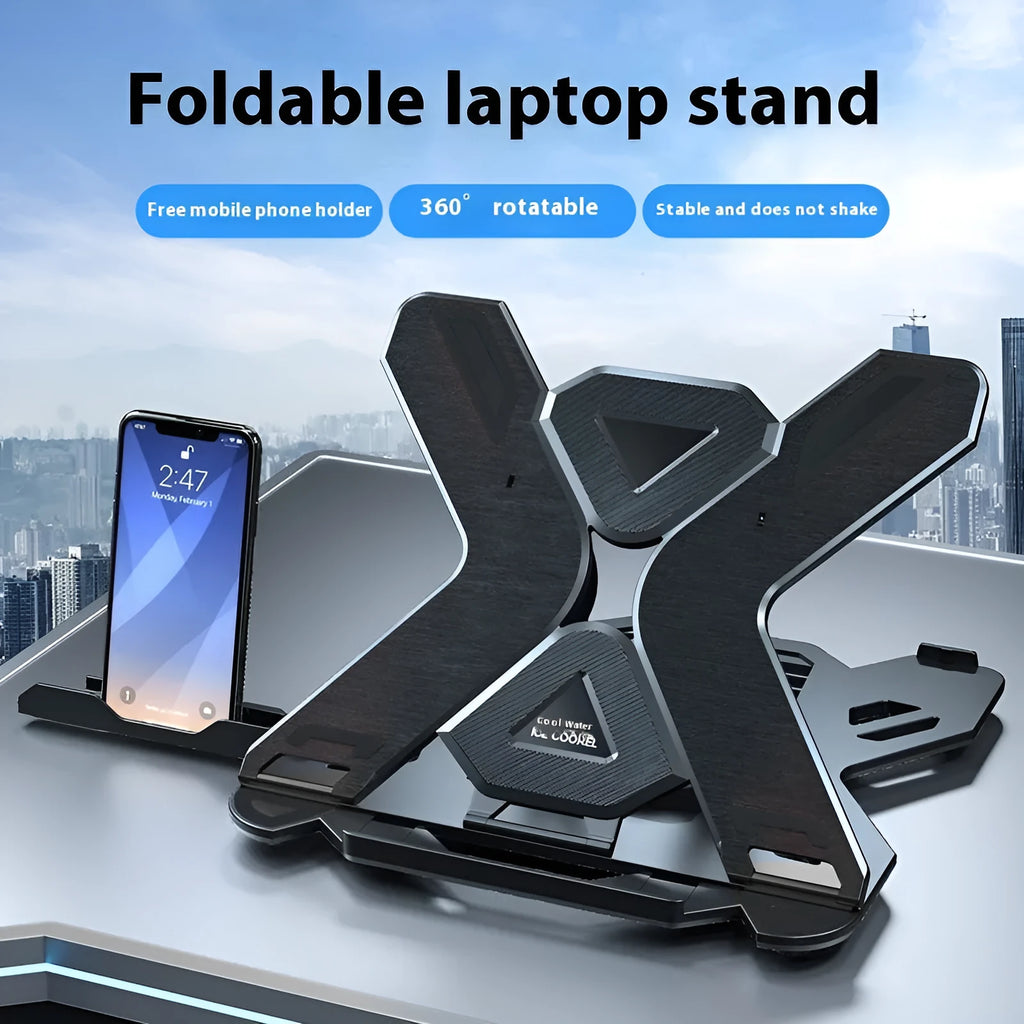 Black ABS plastic laptop bracket with phone holder on a wooden desk.