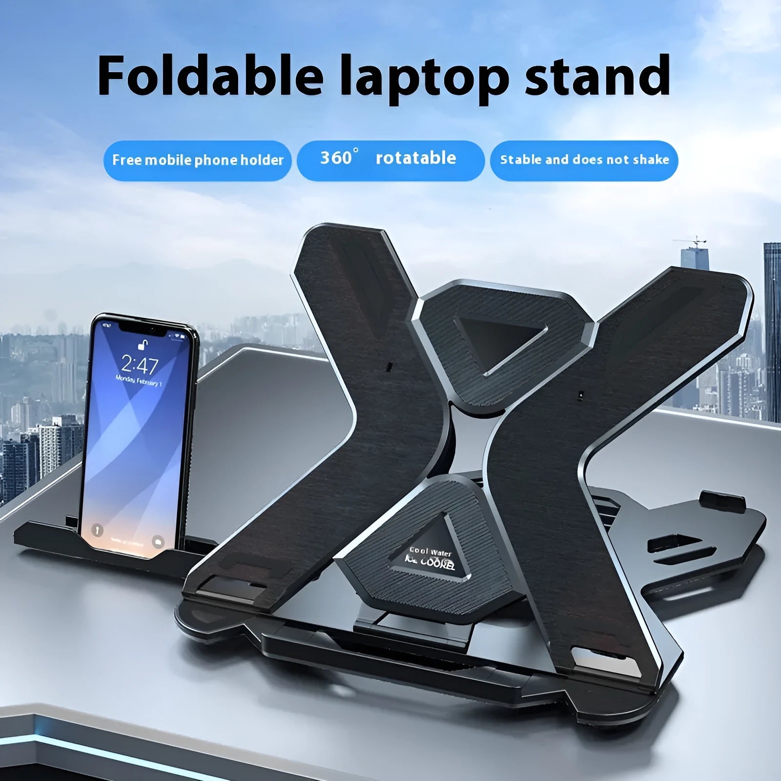 Black ABS plastic laptop bracket with phone holder on a wooden desk.
