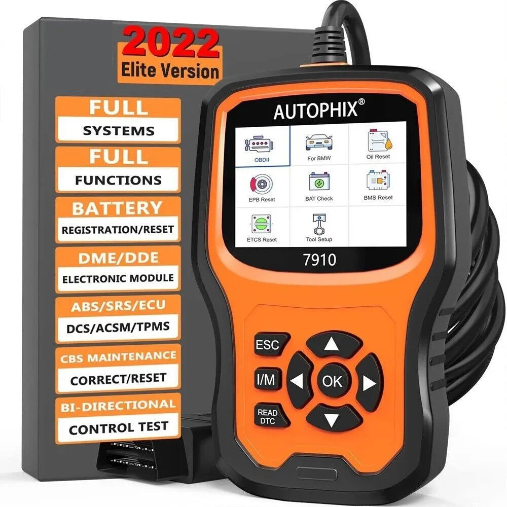Autophix 7910 OBD2 diagnostic scanner for BMW Mini Rolls Royce vehicles on a workshop bench.