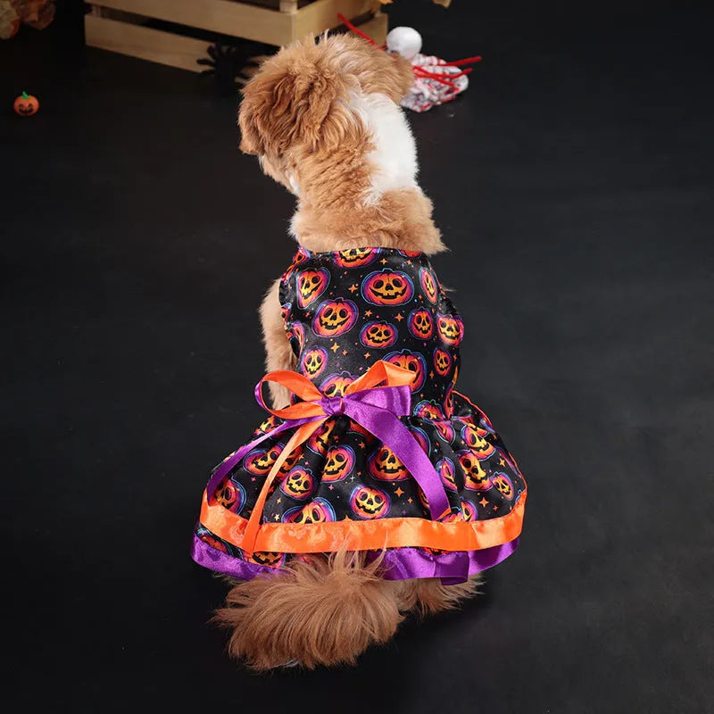 Halloween dog skirt with colourful pumpkin and skull prints in double-layer design