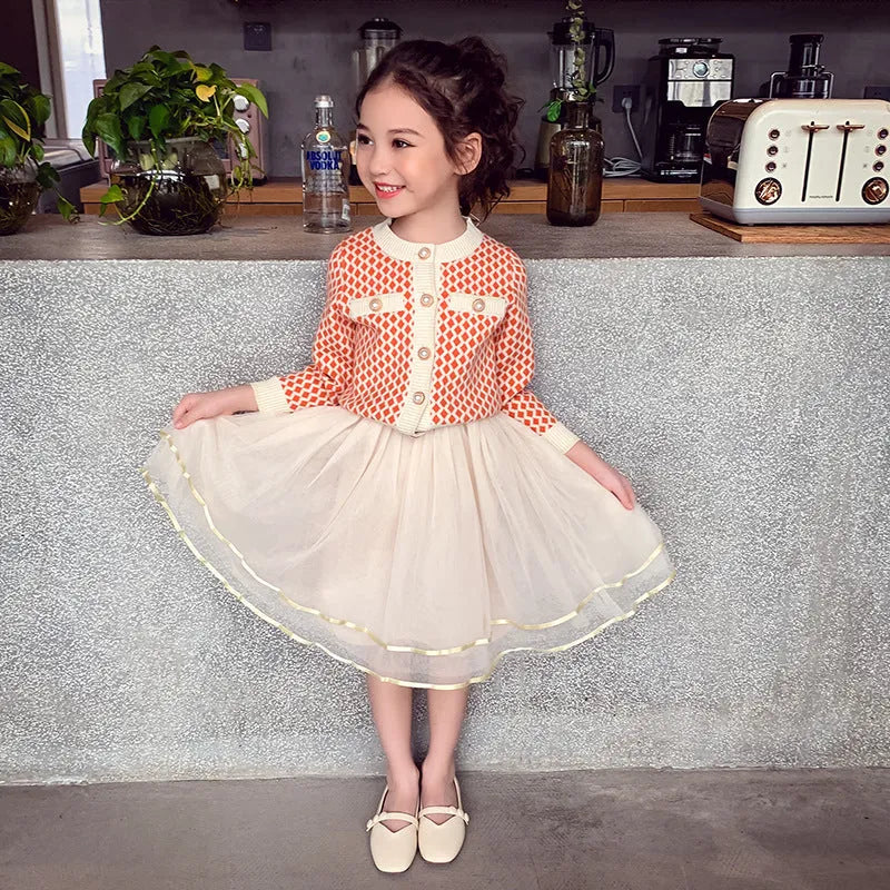 Girls' orange modal two-piece suit with A-line skirt for heights 100cm to 160cm