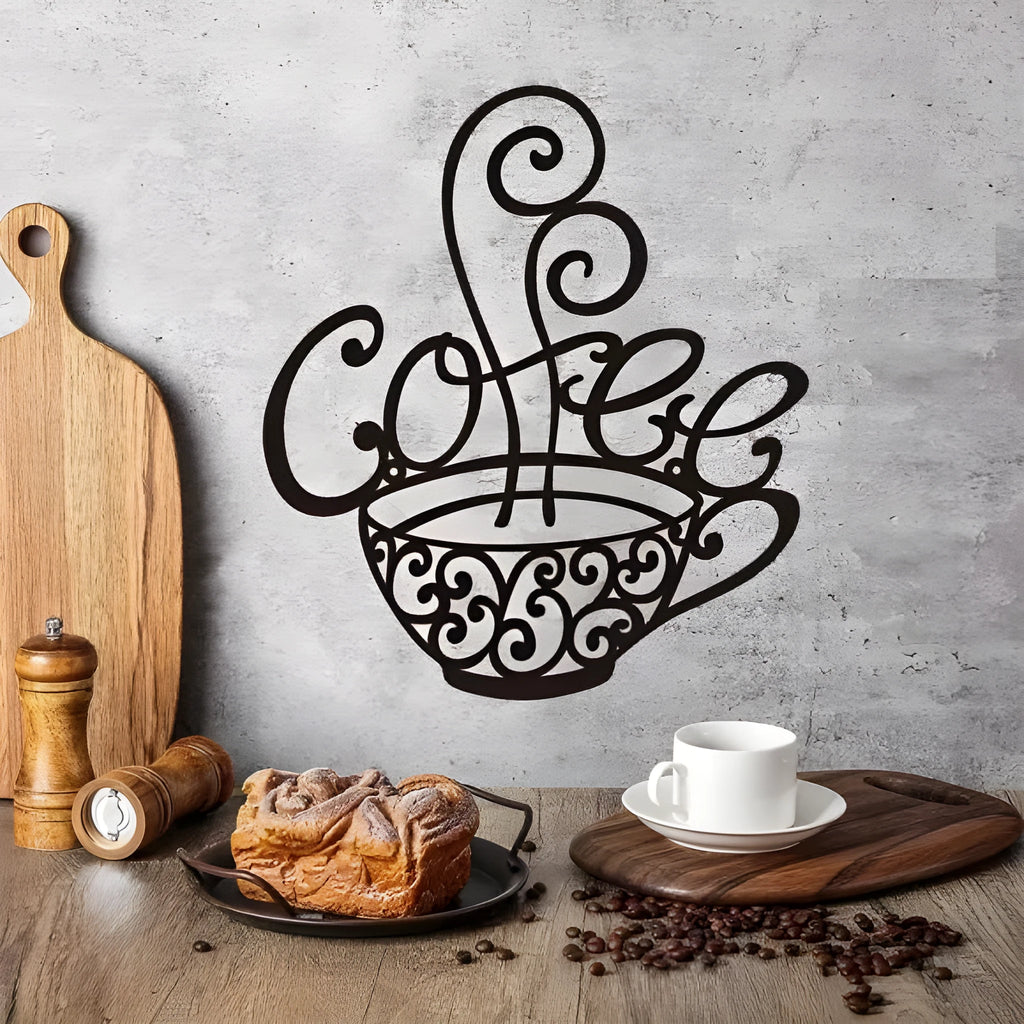 Black wrought iron wall decoration with an English alphabet silhouette design.