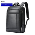 Black genuine leather business commuter backpack with USB port and curved shoulder straps