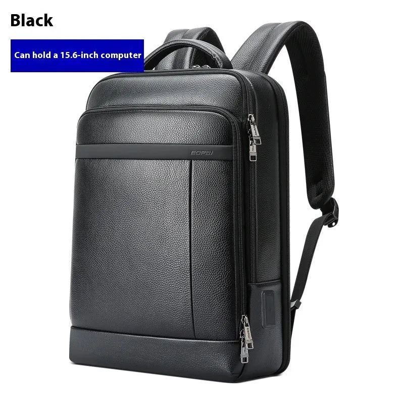 Black genuine leather business commuter backpack with USB port and curved shoulder straps