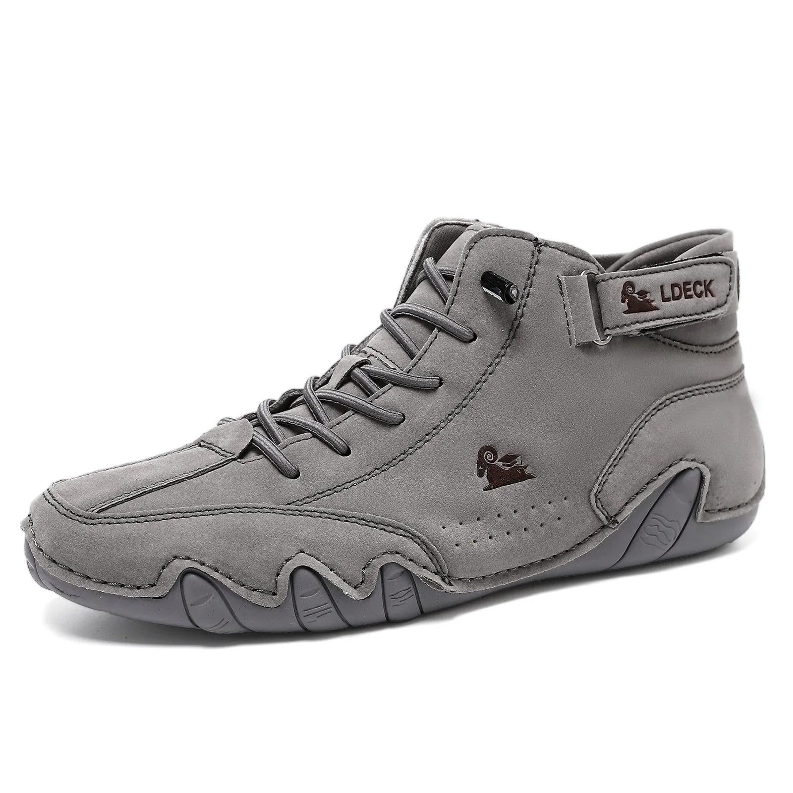 Men's khaki Octopus high top boots with microfiber upper, rubber sole, and pigskin boot tube on a white background.