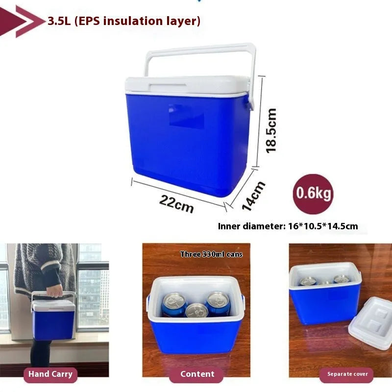 Blue aluminium foil portable insulated cooler box showing multiple capacity options for car and outdoor use.