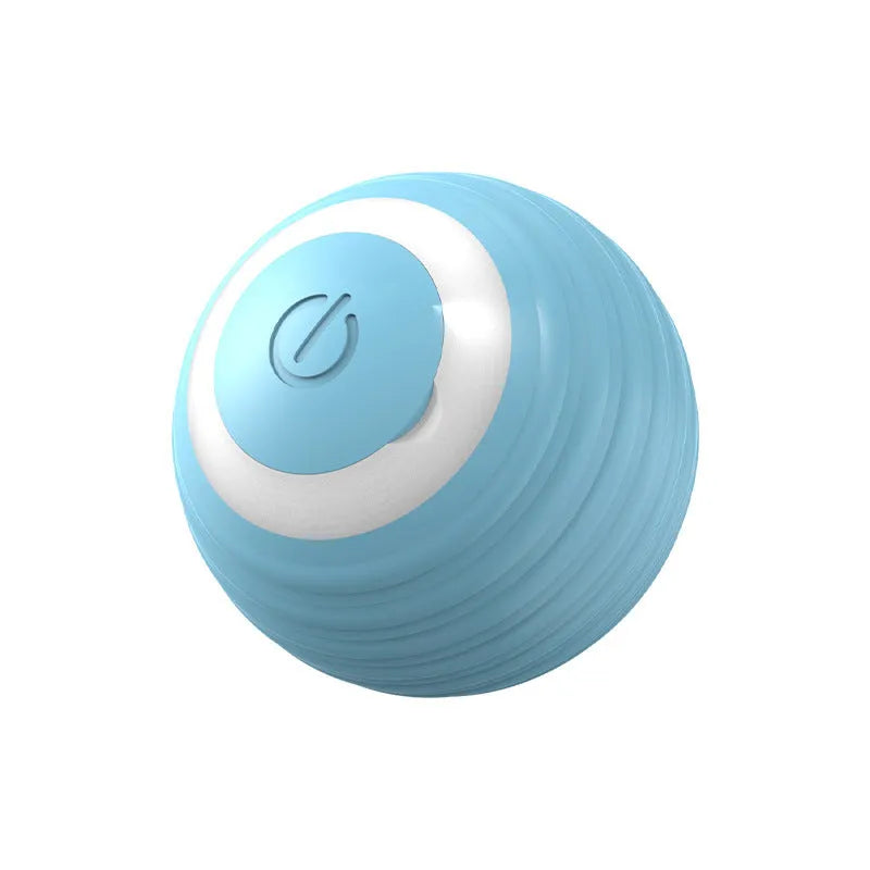 Blue automatic moving cat toy ball with USB charging cable on floor