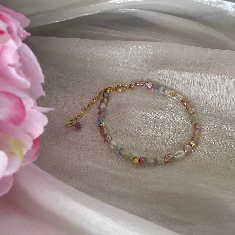 Purple natural pearl bracelet and necklace set with 14K gilded silver handmade jewellery