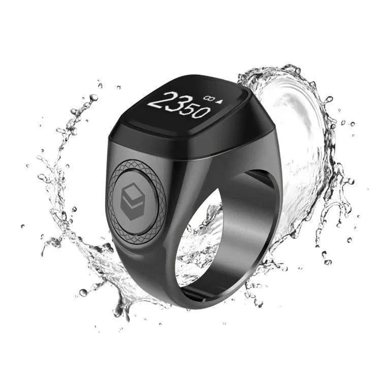 Zikr1 smart ring in black green rose gold silver colours with OLED display showing prayer times