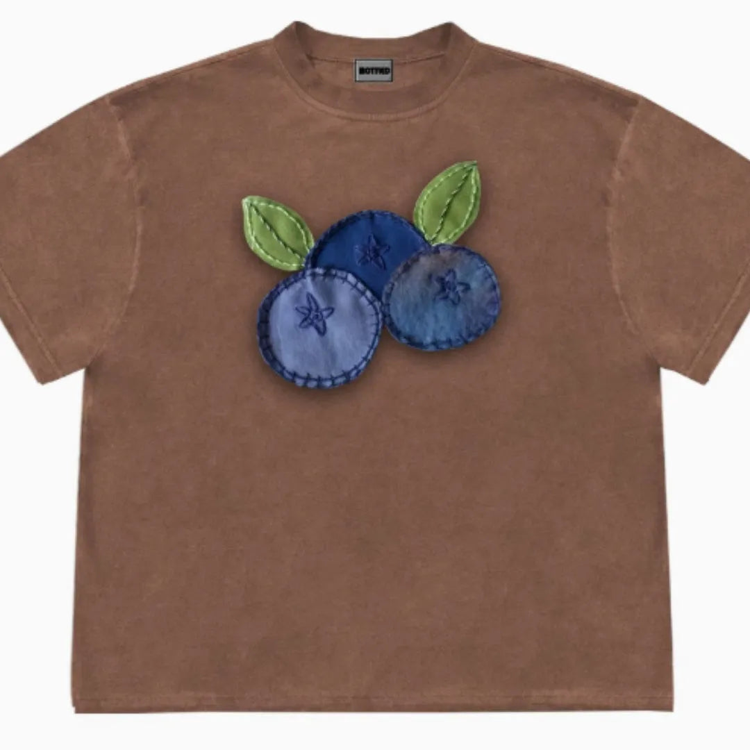 Blueberry fruit patchwork pattern t-shirt in ice oxygen cotton fabric with loose fit and short sleeves