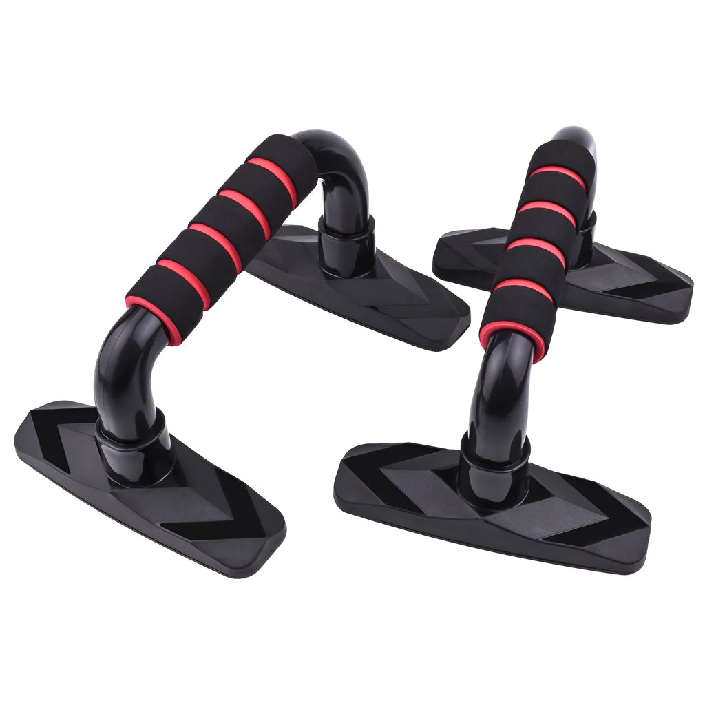 Pair of I-shaped push up bars with blue PP sponge handles on a floor.