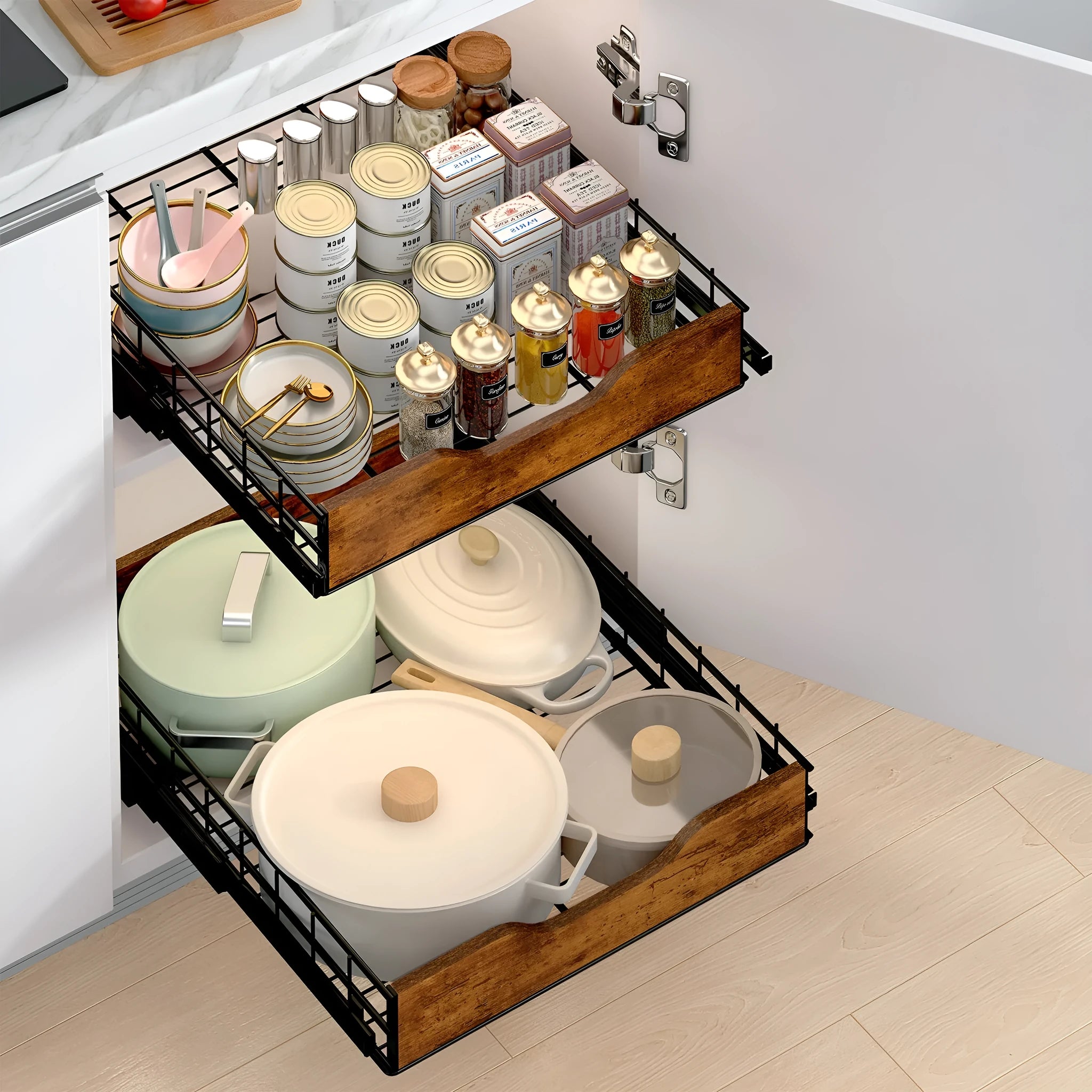 Black household storage basket drawer rack with wood and iron construction