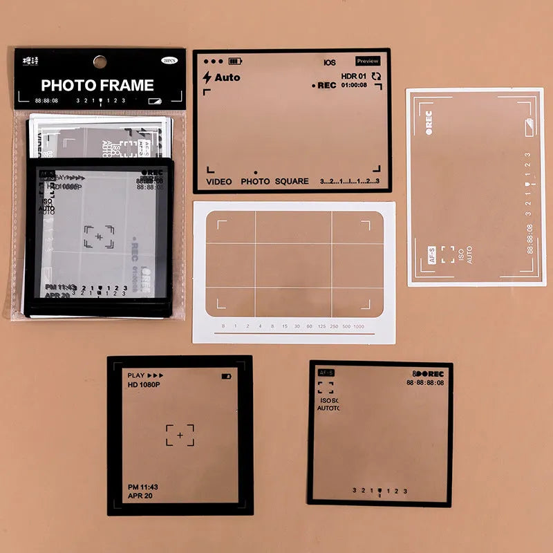 Retro film journal sticker pack with 15 transparent sheets showing six frame designs