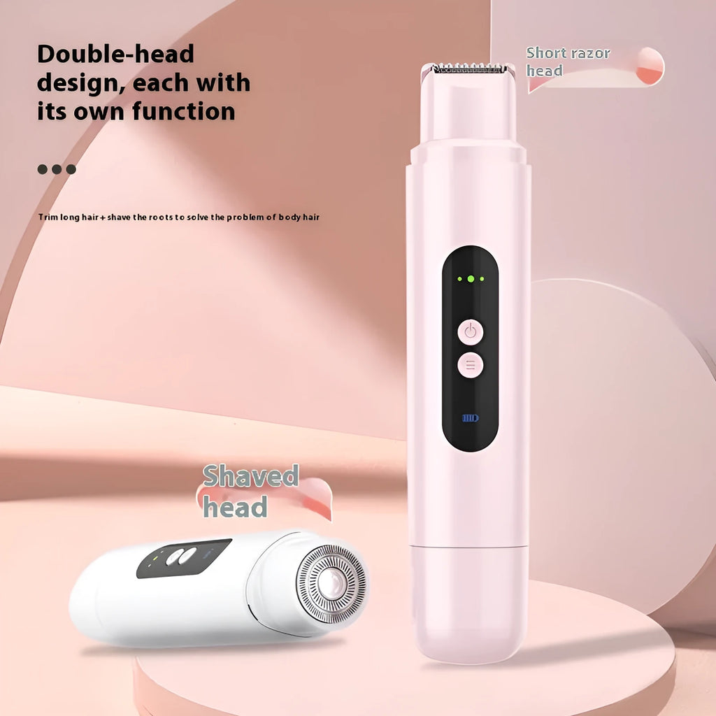 White and pink portable electric body hair trimmer with floating blades and USB charging cable.