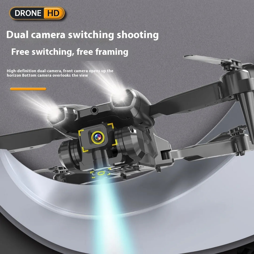 S138 black folding quadcopter drone with obstacle avoidance sensors and dual cameras, folded to under 30cm size
