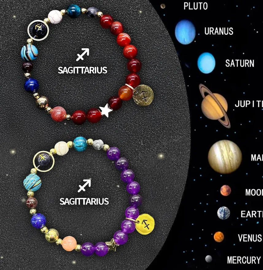 Two natural stone beaded bracelets with zodiac charms on a stretch elastic cord