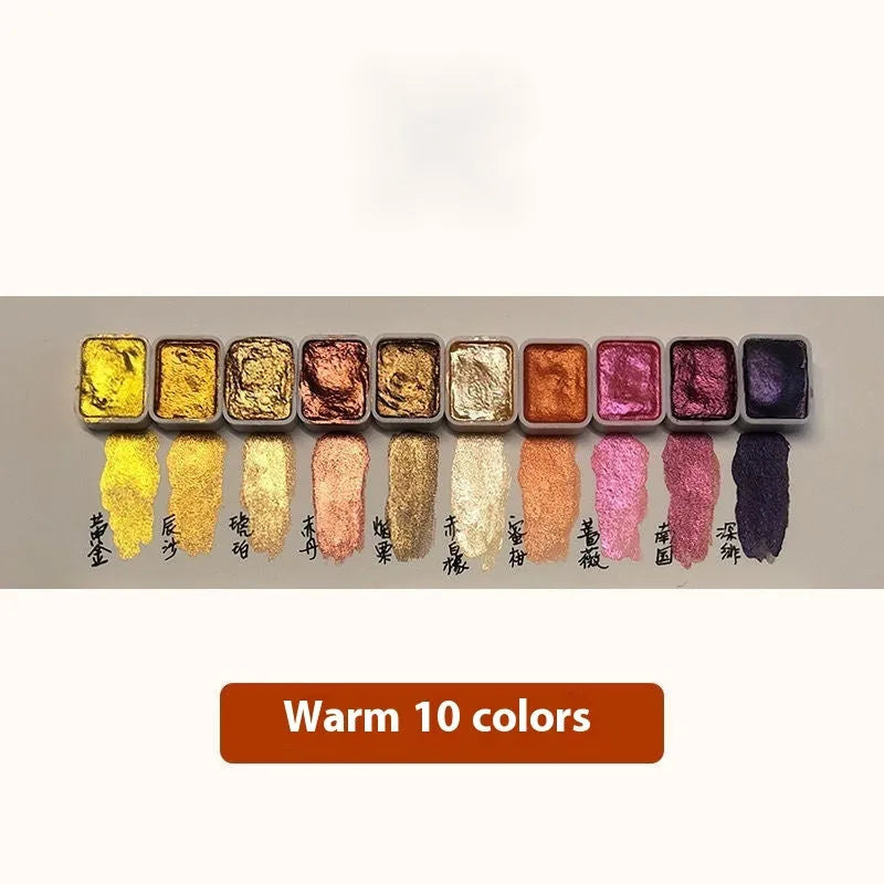 Traditional Chinese painting watercolour set with tubes of red gold, white gold, and pearlescent colours in warm and cold palettes.