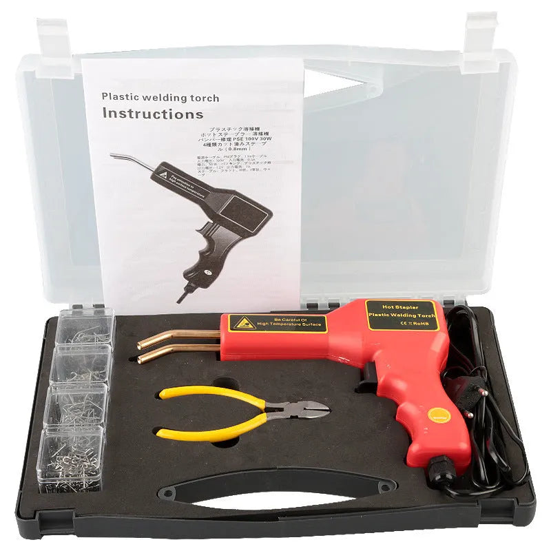 CR-307 black plastic welding gun with LED light, adjustable welding nails, and a long power cord for automotive repair.