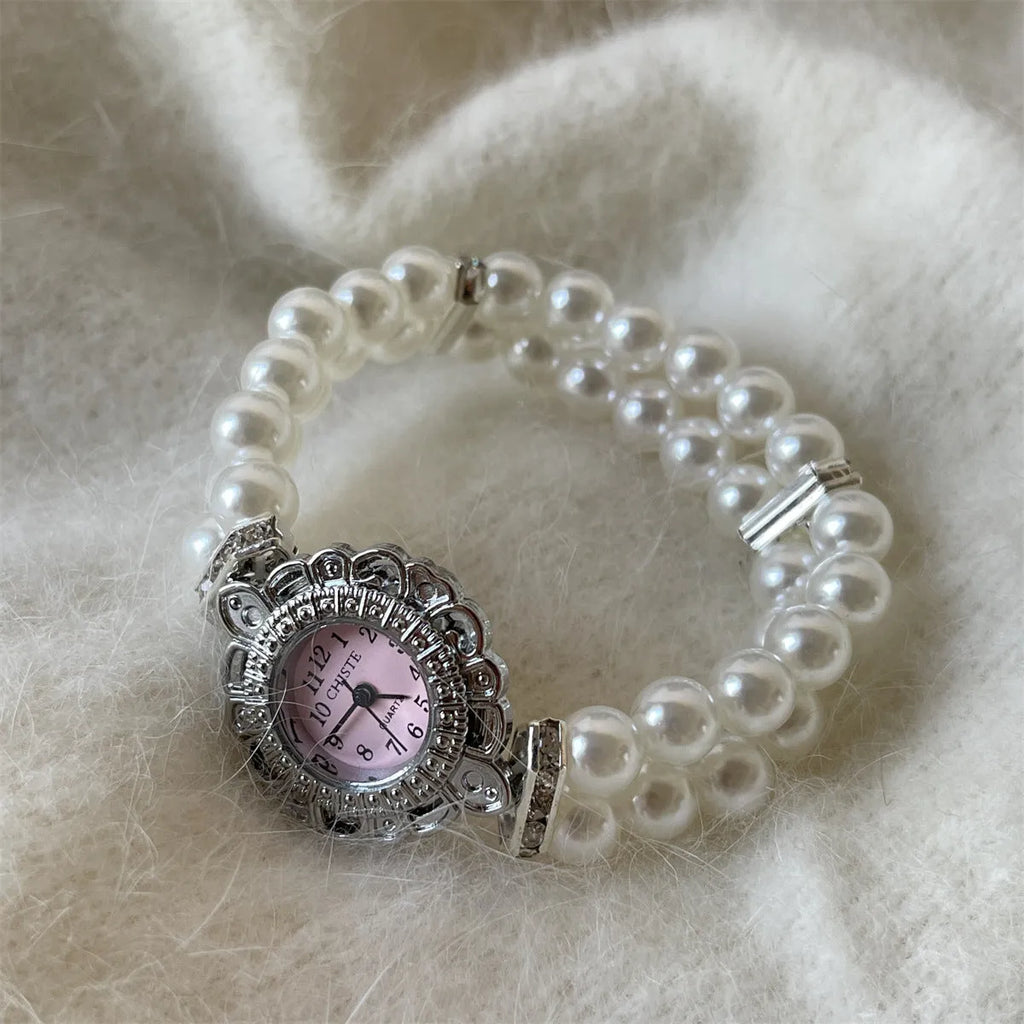 Women's quartz pearl bracelet watch with alloy case and glass mirror face