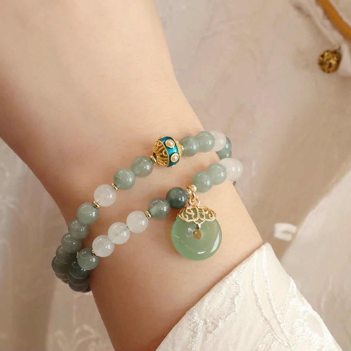 Women's safety buckle bracelet with Myanmar jade stones and geometric lucky bead design