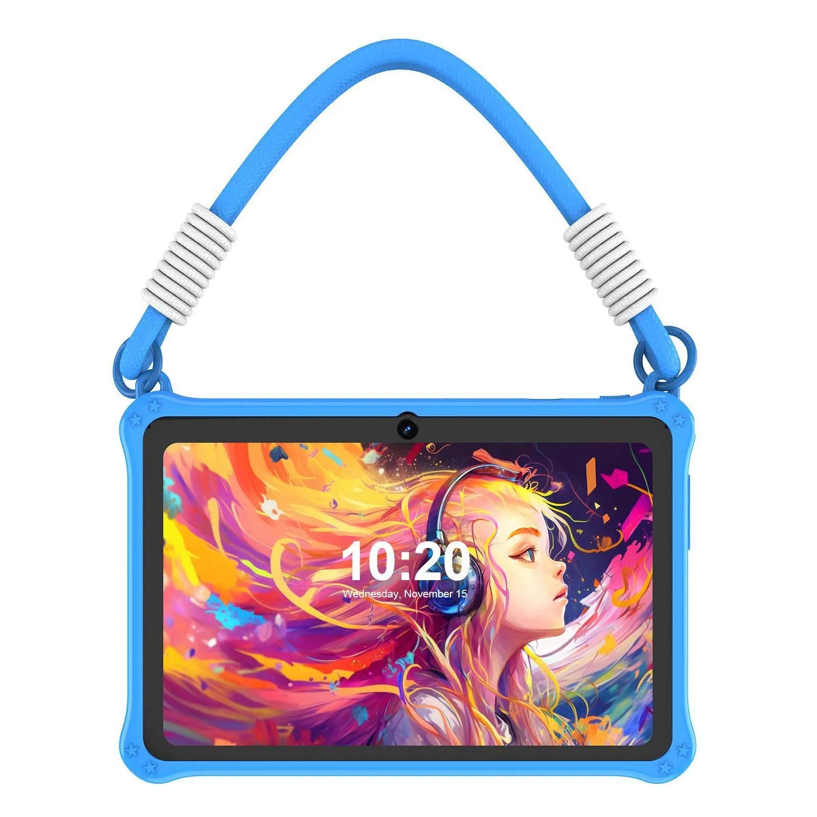 Sapphire blue silicone protective case for a 7-inch children's tablet, showing the integrated flat carry strap.