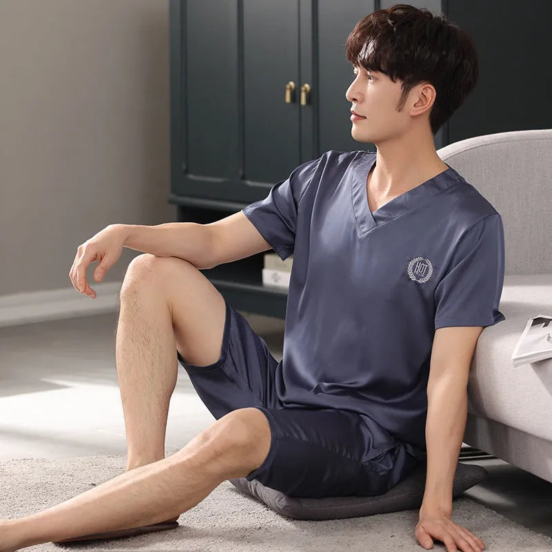 Men's ice silk loose-fit pajama set with short sleeve shirt and matching shorts in cooling fabric