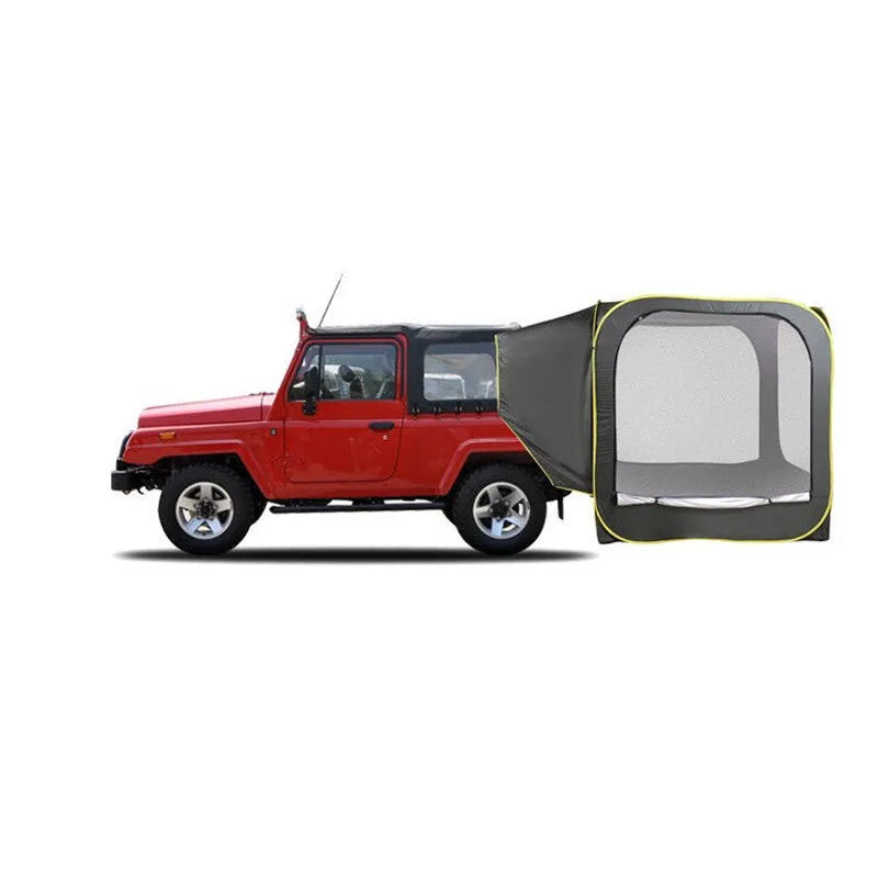 Black pop-up car tailgate tent with quick-throw design, shown unfolded to 200cm dimensions.