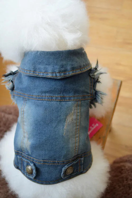 Retro scratch pattern denim dog vest for small breeds in dark and light colour options
