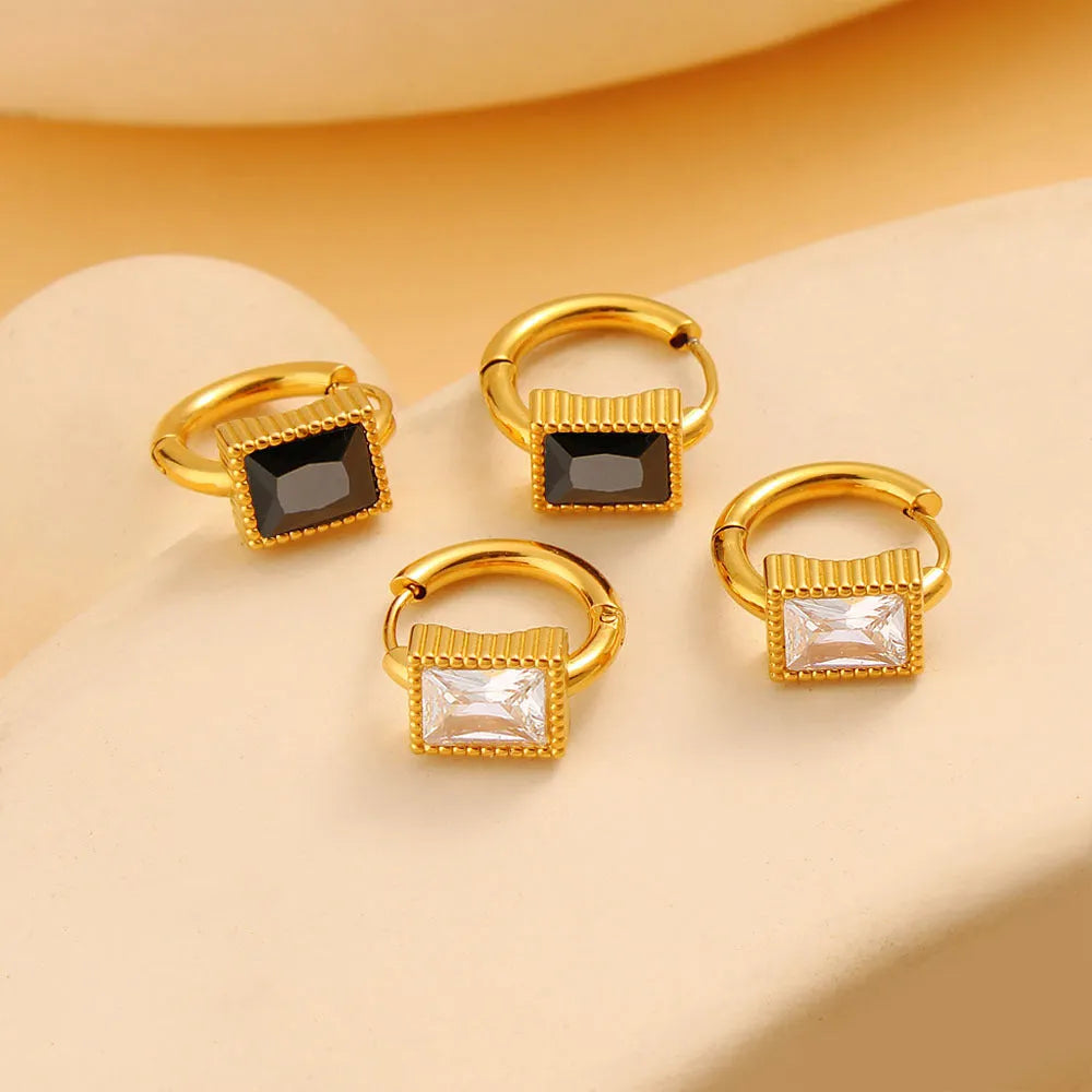Square zircon stainless steel earrings with geometric design in white, black and green colours
