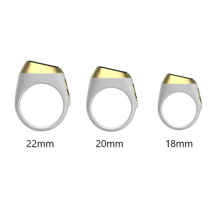 Zikr1 smart ring in black green rose gold silver colours with OLED display showing prayer times