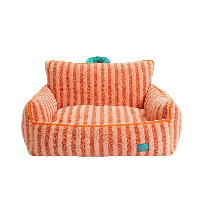 Striped soft velvet dog bed with removable cover in orange, purple, and yellow colour options