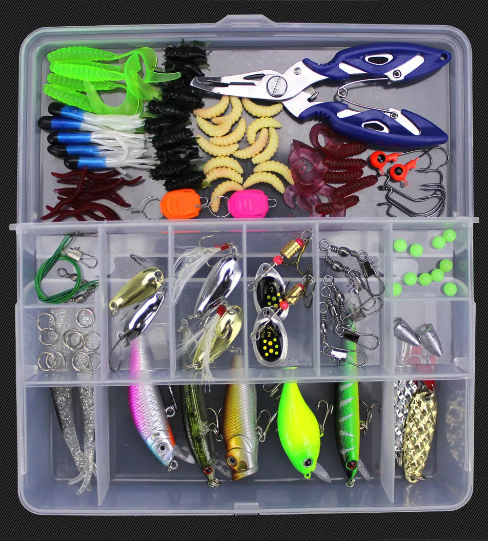 Junior entry-level fishing lure suit set in a hard black PP plastic storage box with multiple lures visible.