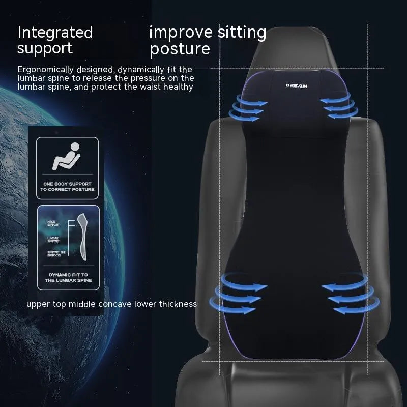Black automotive memory foam cushion and lumbar support pillow on a car seat.