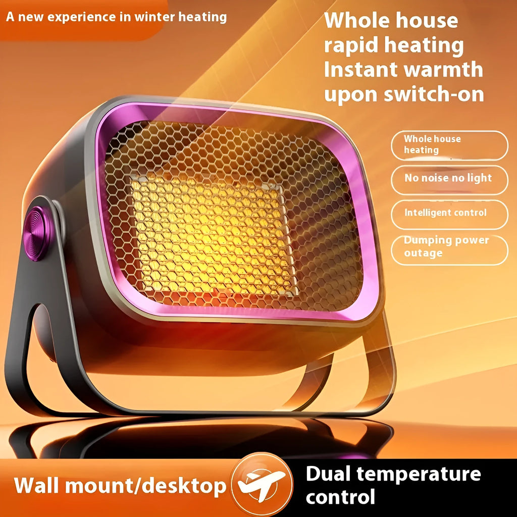 Compact white PTC ceramic desktop heater with oscillation function and push-button controls.